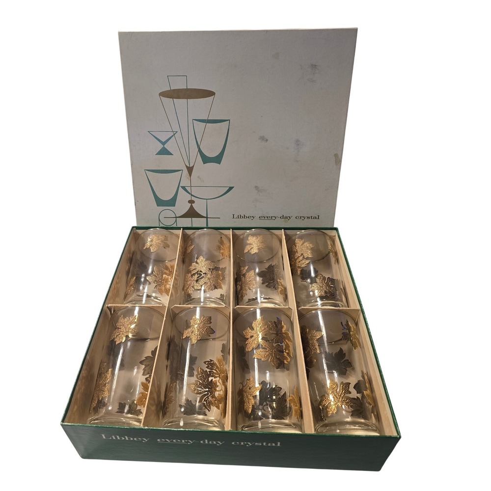 Libbey Golden Frost Vintage MCM Beverage Glasses Set of 8 Gold Leaf 12.5oz Box